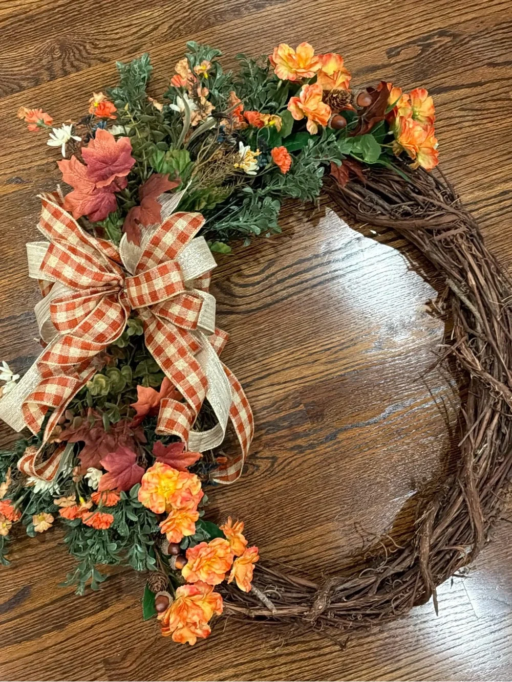 Autumn Orange & Green Grapevine Wreath with Plaid Bow